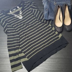 Express Olive Green/Black Striped Crewneck Sweater